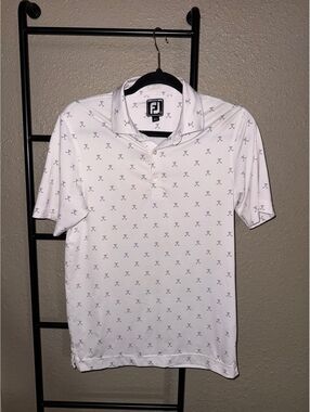 FootJoy Junior White Golf Polo Shirt with Golf Club Pattern, Size Large